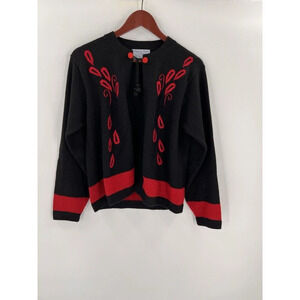 Alpaca Style by Artesanias Sweater LARGE Black/Red 100% Alpaca Open Cardigan